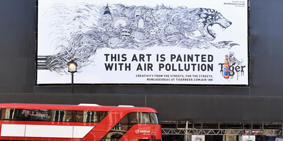 Picture of advertisement of Air Ink and Tiger Beer, Art is created with Air ink - made out of air pollution