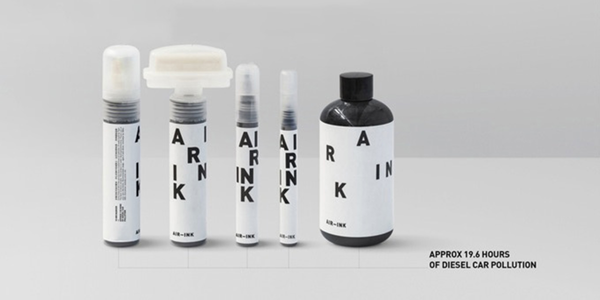 Picture of black Air Ink products that are made out of diesel car pollution