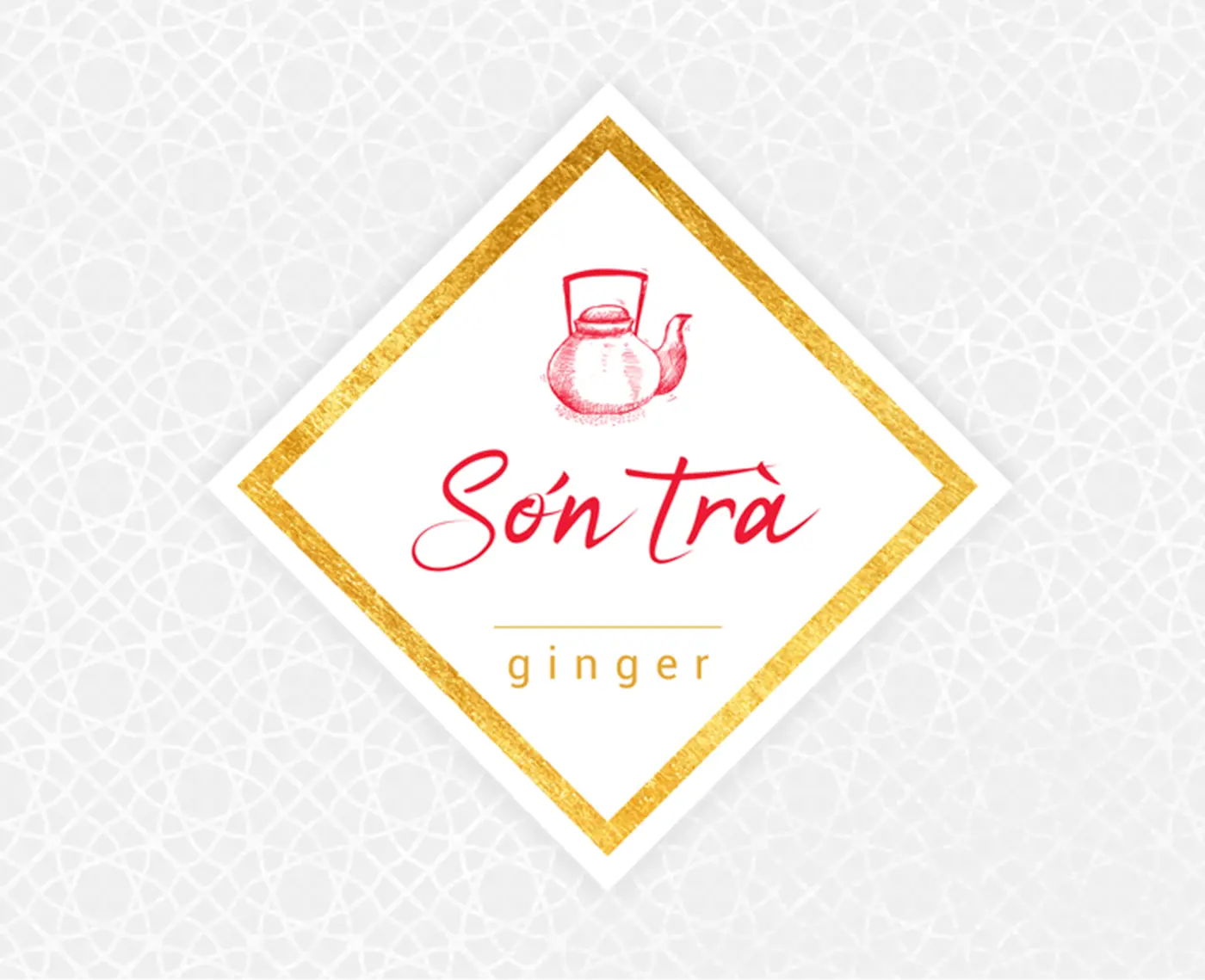 Son Tra logo with a teapot and gold lettering