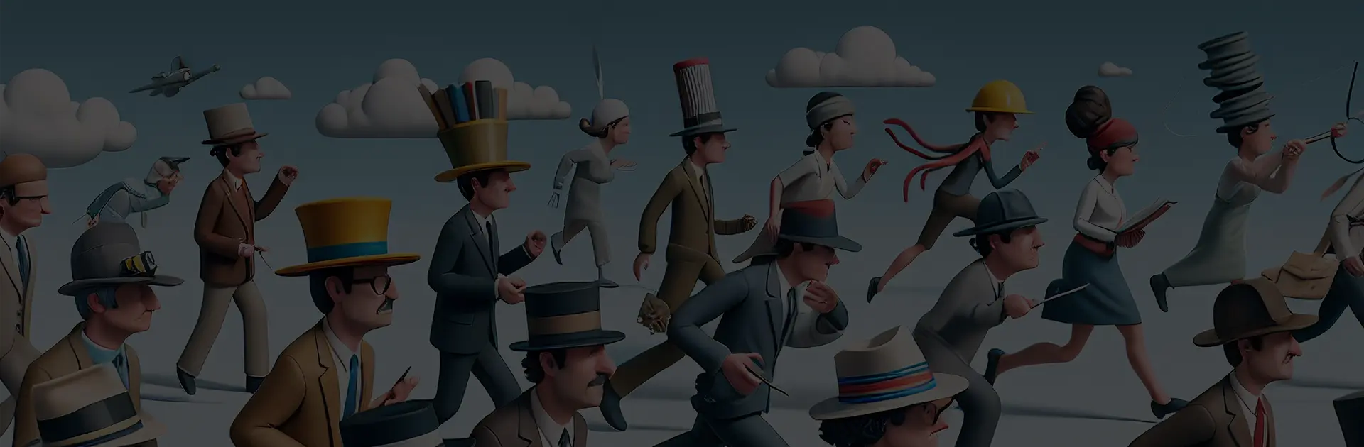 Personagens animadas com vários chapéus a correr de um lado para o outro