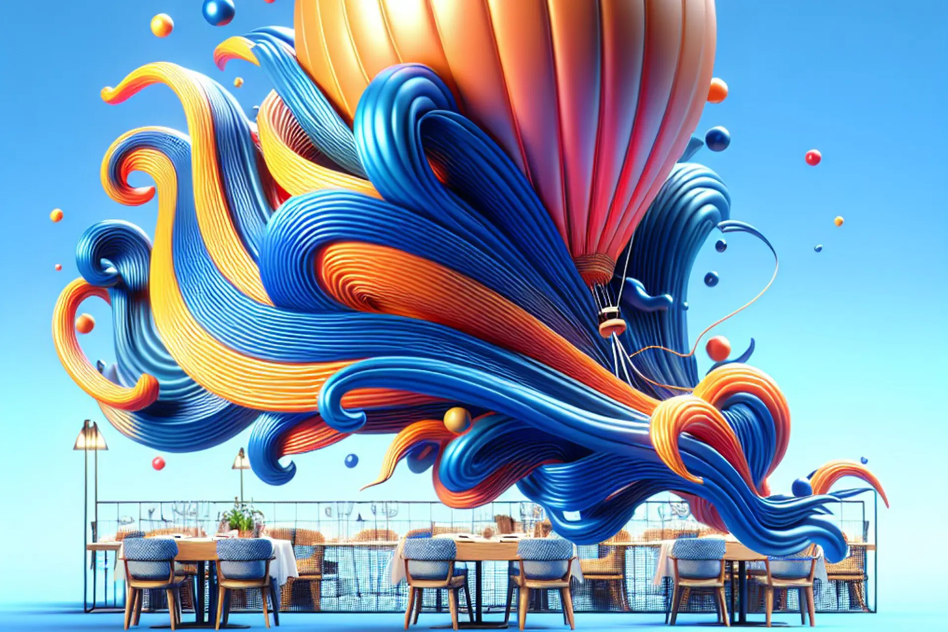 Tavolo da ristorante moderno con decorazione artistica di palloncini e onde colorate