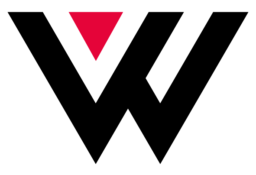 What'zhat logo in black with red triangle