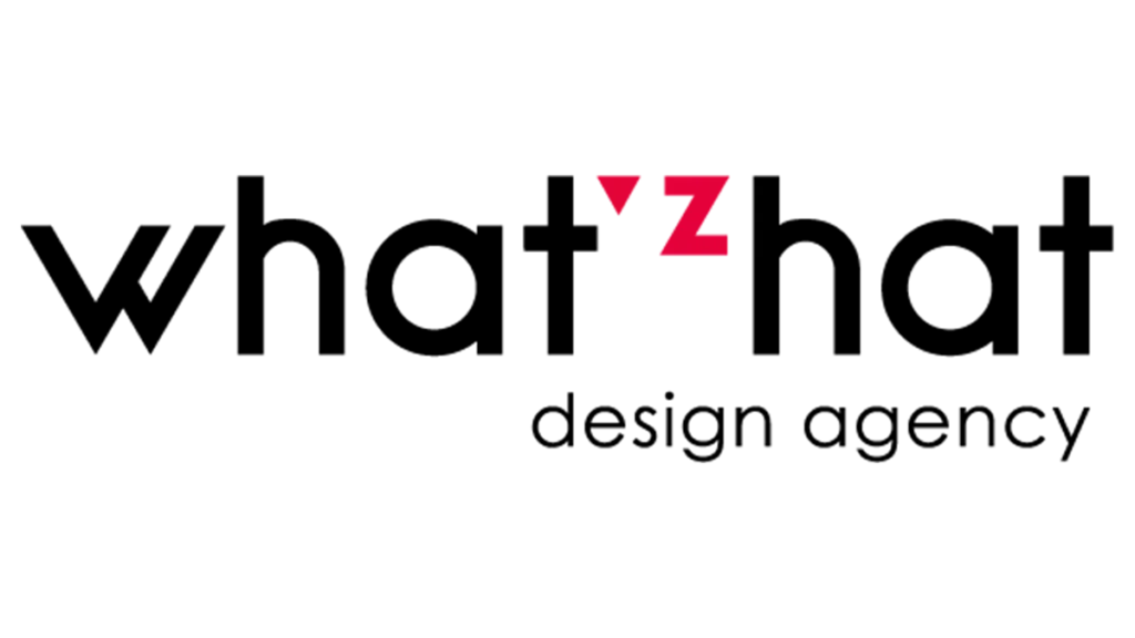 What'zhat logo, combining black text and a red graphic element, on a transparent background.