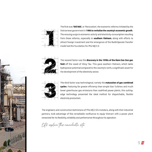 Page éditoriale avec trois points clés numérotés sur l’histoire de la centrale Phú Mỹ 2.2, décrivant les réformes économiques, la découverte du gaz à Nam Con Son et les avancées technologiques des cycles combinés.