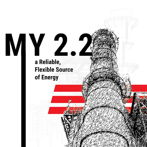 Affiche industrielle en noir, blanc et rouge montrant la centrale Phú Mỹ 2.2 avec une esquisse détaillée de la tour principale, des lignes rouges dynamiques et le texte : « MY 2.2 – A Reliable, Flexible Source of Energy ».