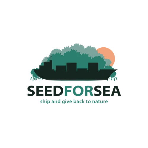 Logo alternatif de Seed for Sea, représentant un cargo vert naviguant devant une forêt stylisée, avec un lever de soleil en arrière-plan.