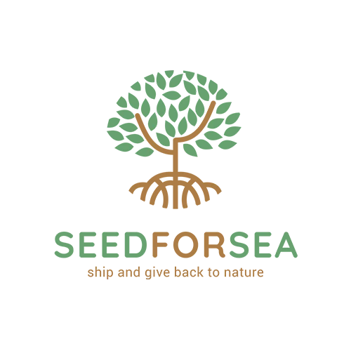 Logo Seed for Sea avec un arbre stylisé en vert et marron, accompagné du slogan “Shipping that gives back to nature”.